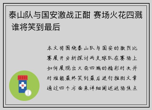 泰山队与国安激战正酣 赛场火花四溅 谁将笑到最后